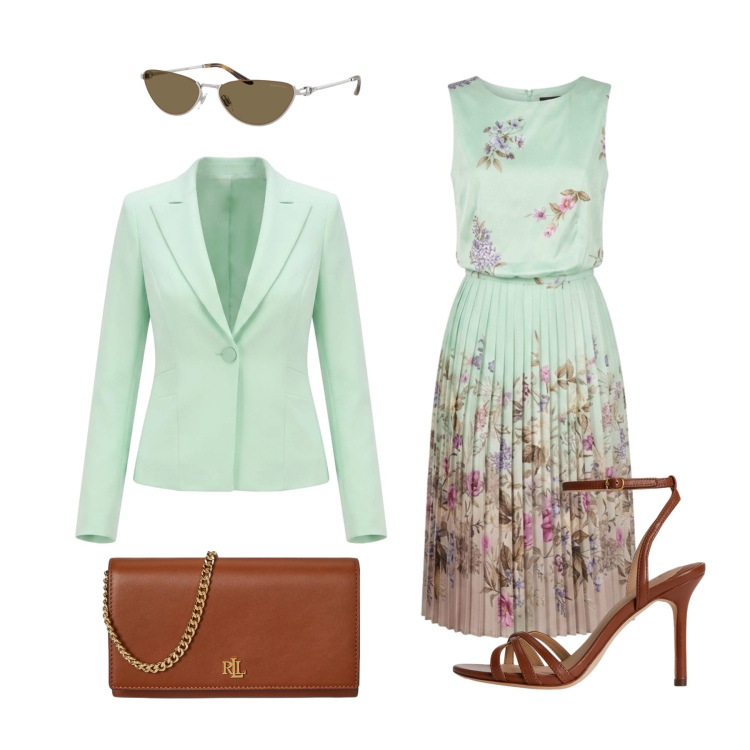 Outfit donna - Total look #2398481. Stile Chic per Cerimonia. Abbinamento con vestiti midi/longuette, blazer, borse a tracolla, sandali in pelle, occhiali da sole.