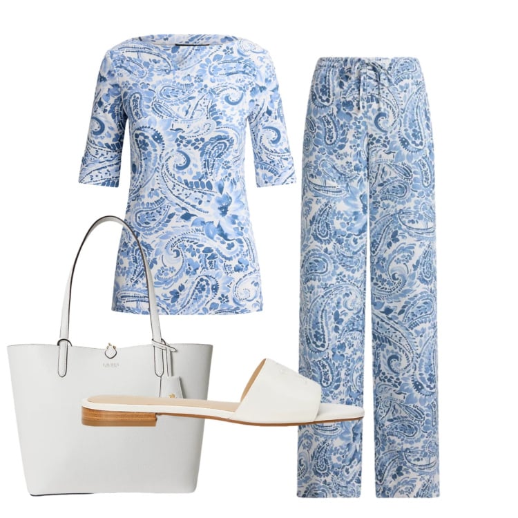 Outfit donna - Total look #2398482. Stile Bon Ton per Ufficio. Abbinamento con ciabatte, pantaloni, t-shirt, borse tote.