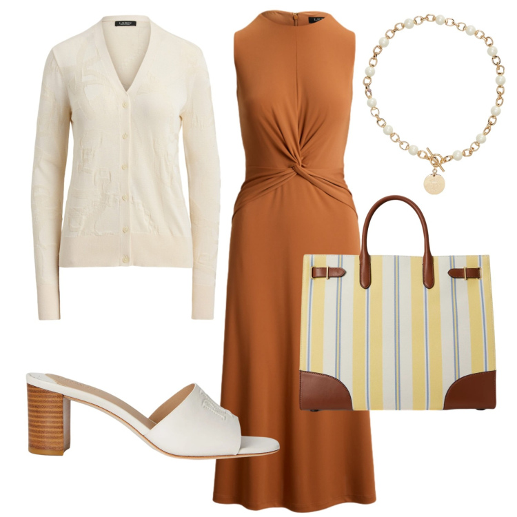 Outfit donna - Total look #2398483. Stile Bon Ton per Ufficio. Abbinamento con collane, sandali in pelle, cardigans, borse tote, vestiti senza maniche.