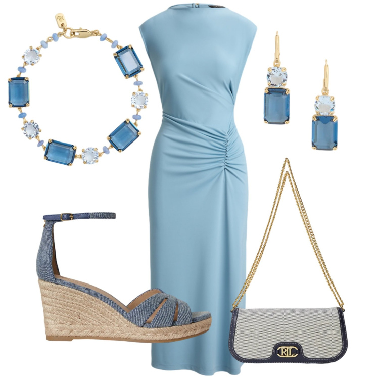 Outfit donna - Total look #2398485. Stile Chic per Serata fuori. Abbinamento con vestiti a tubino, zeppe, orecchini, braccialetti, borse a spalla.