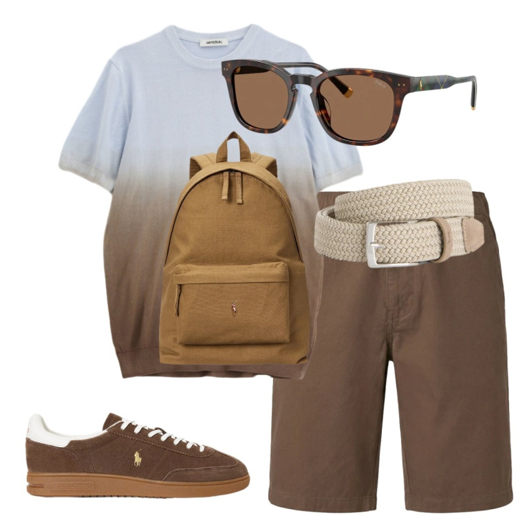 Outfit uomo - Gita fuori porta. Stile Trendy per Tutti i giorni. Abbinamento con cinture, bermuda, t-shirt, occhiali da sole, sneakers, borse sportive.