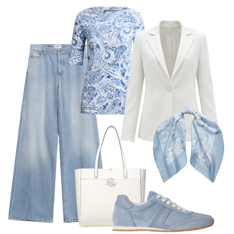 Outfit donna - Un delicato foulard - @susystyle. Stile Casual chic per Tutti i giorni. Abbinamento con jeans, blazer, borse tote, foulard, t-shirt, sneakers.