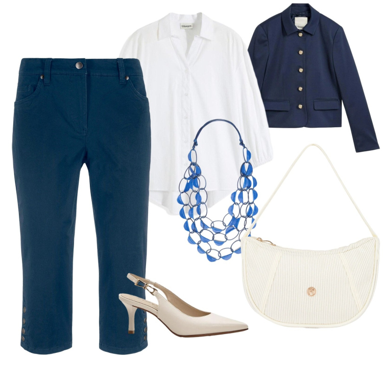 Outfit donna - Spritz time. Stile Casual chic per Tutti i giorni. Abbinamento con pantaloni capri, décolleté, blazer, bluse, collane, borse a mano.