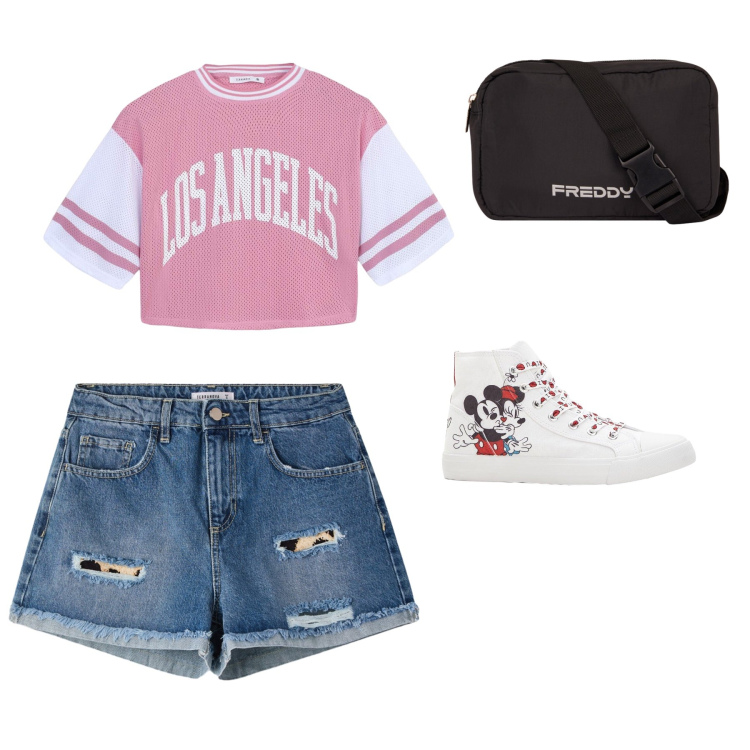Outfit donna - Giornata al parco con i bambini. per Tutti i giorni. Abbinamento con sneakers alte, t-shirt, shorts, borse a tracolla.
