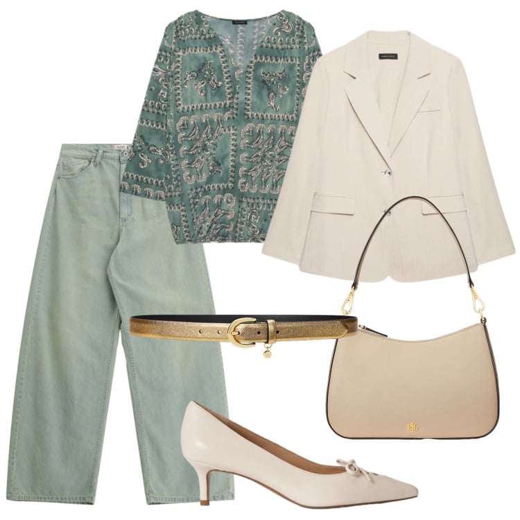 Outfit donna - Università. Stile Casual chic per Ufficio. Abbinamento con jeans, t-shirt, blazer, cinture, borse a spalla, décolleté.