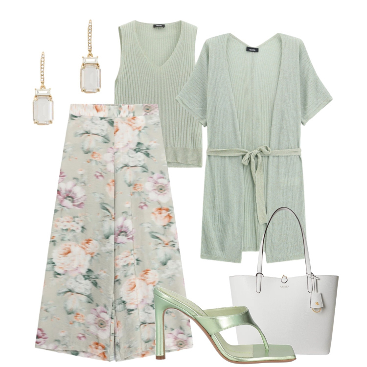 Outfit donna - Aperitivo verde acqua. Stile Chic per Serata fuori. Abbinamento con ciabatte, top, pantaloni a palazzo, cardigans, orecchini, borse tote.