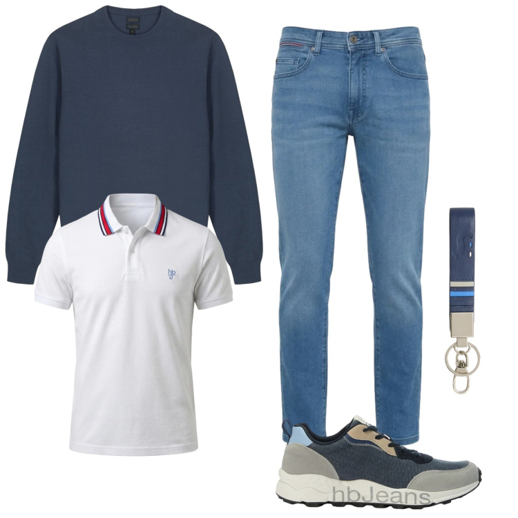 Outfit uomo - Passeggiata. Stile Casual per Tutti i giorni. Abbinamento con polo, jeans slim fit, sneakers, portachiavi, maglieria.