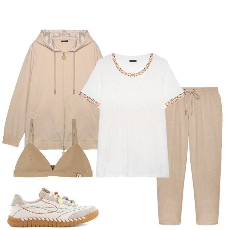 Outfit donna - Total look #2398497. Stile Sporty chic per Sport. Abbinamento con t-shirt, felpe con cappuccio, pantaloni, reggiseni, sneakers.