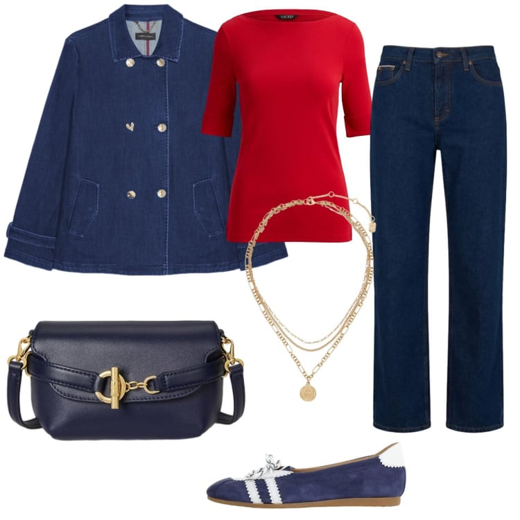 Outfit donna - Ballerine sportive. Stile Casual per Tutti i giorni. Abbinamento con jeans, ballerine, trench, borse a tracolla, t-shirt, ciondoli.