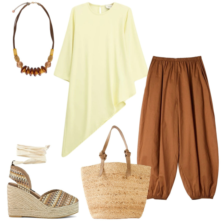 Outfit donna - Total look #2398499. Stile Etnico per Tutti i giorni. Abbinamento con shopping bag, pantaloni, bluse, collane, zeppe.
