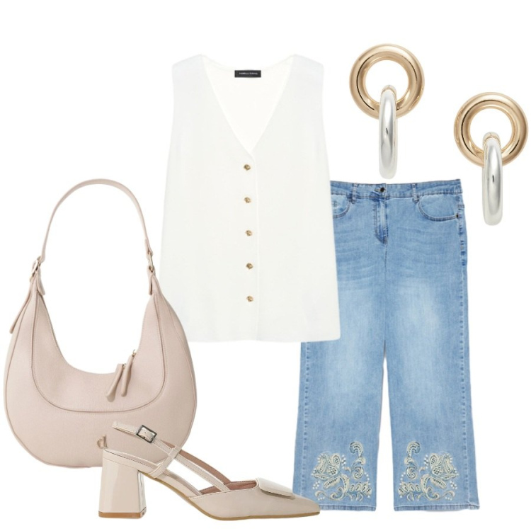 Outfit donna - Total look #2398500. Stile Casual chic per Tutti i giorni. Abbinamento con décolleté, borse a tracolla, jeans, maglieria, orecchini.
