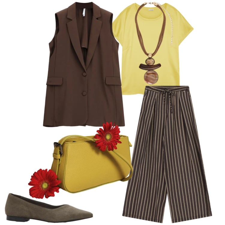 Outfit donna - Total look #2398501. Stile Casual chic per Tutti i giorni. Abbinamento con ballerine, gilet, borse a spalla, pantaloni a palazzo, ciondoli, t-shirt.
