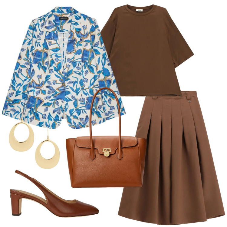 Outfit donna - In ufficio. Stile Chic per Ufficio. Abbinamento con gonne longuette, t-shirt, blazer, décolleté, orecchini, borse a mano.