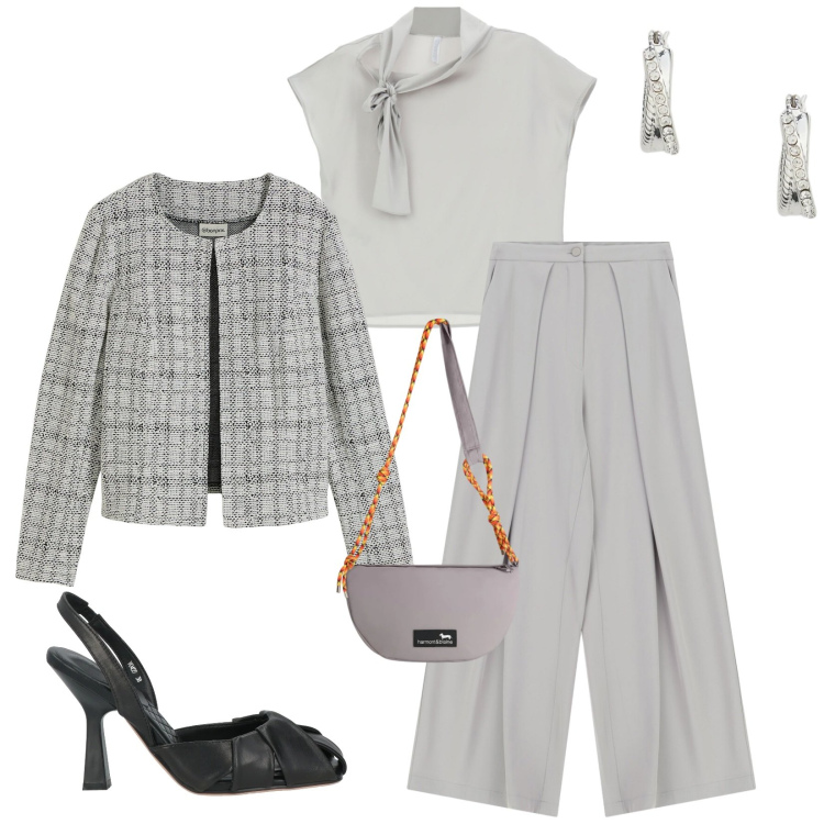 Outfit donna - Total look #2398507. Stile Bon Ton per Cerimonia. Abbinamento con décolleté, cardigans, borse a tracolla, pantaloni a palazzo, canottiere, orecchini.