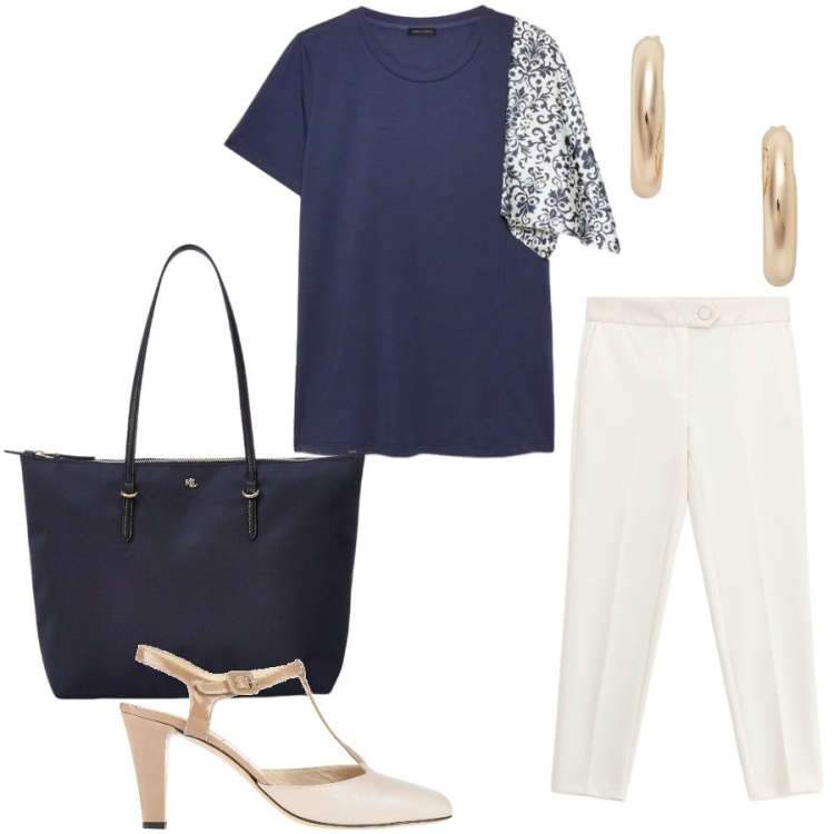 Outfit donna - Total look #2398508. Stile Casual chic per Ufficio. Abbinamento con décolleté, pantaloni, bluse, borse tote, orecchini.