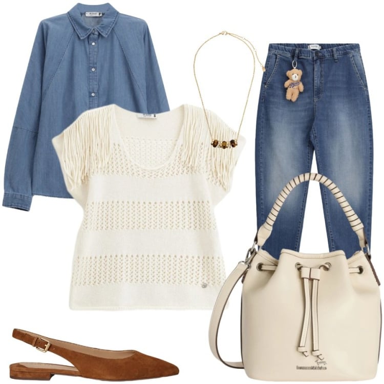 Outfit donna - Total look #2398513. Stile Casual chic per Tutti i giorni. Abbinamento con borse a secchiello, top, jeans, camicie, ballerine, collane.