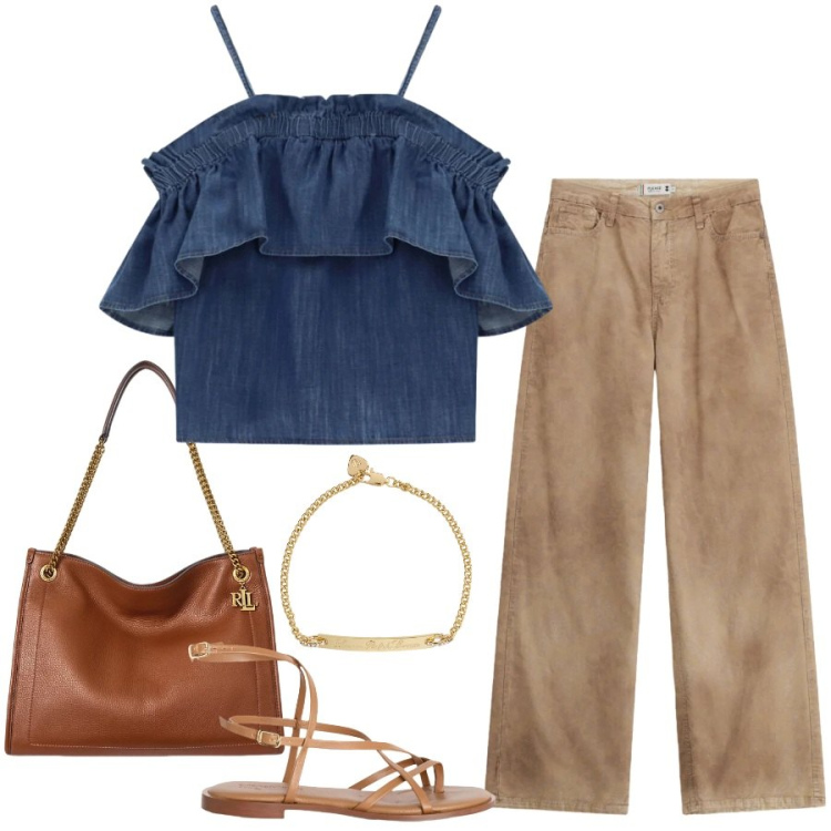 Outfit donna - Total look #2398516. Stile Casual chic per Tutti i giorni. Abbinamento con sandali in pelle, pantaloni a palazzo, top, borse tote, braccialetti.