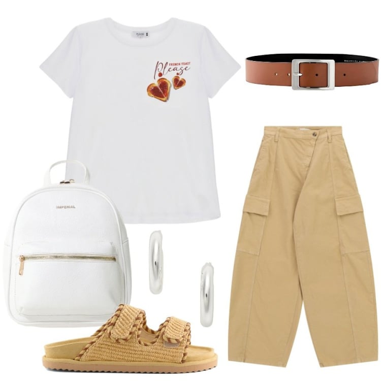 Outfit donna - Total look #2398518. Stile Casual chic per Tutti i giorni. Abbinamento con cinture, pantaloni cargo, t-shirt, zaini, orecchini, sandali.