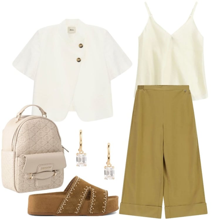 Outfit donna - Total look #2398528. Stile Casual chic per Tutti i giorni. Abbinamento con zaini, top, blazer, pantaloni a palazzo, orecchini, zeppe.