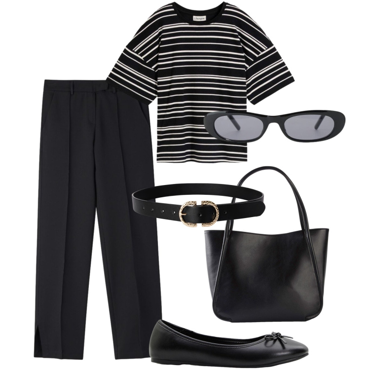 Outfit donna - Basic parisian. Stile Basic per Tutti i giorni. Abbinamento con ballerine, shopping bag, t-shirt, cinture, pantaloni, occhiali da sole.