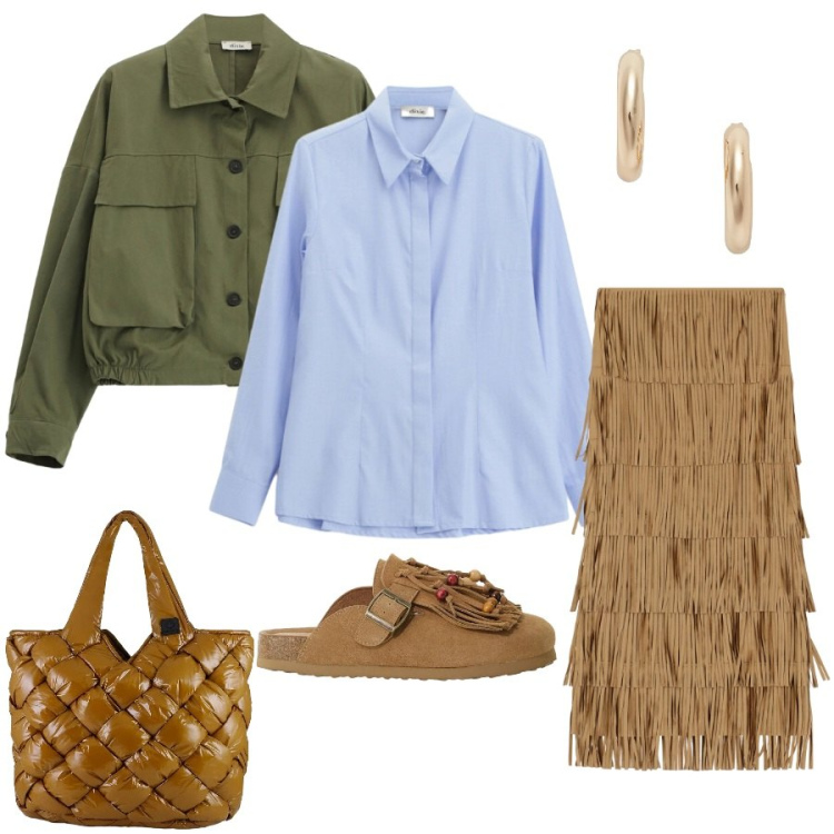 Outfit donna - Total look #2398534. Stile Casual chic per Tutti i giorni. Abbinamento con sabot, gonne lunghe, camicie, cappotti, borse tote, orecchini.