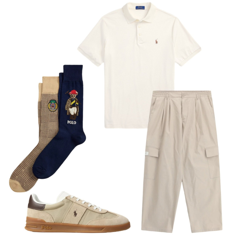 Outfit uomo - Total look #2398535. Stile Trendy per Tutti i giorni. Abbinamento con pantaloni cargo, sneakers, calzini, polo.