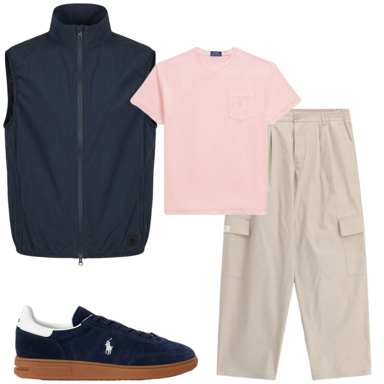 Outfit uomo - Total look #2398536. Stile Casual per Tutti i giorni. Abbinamento con pantaloni cargo, sneakers, t-shirt, gilet.