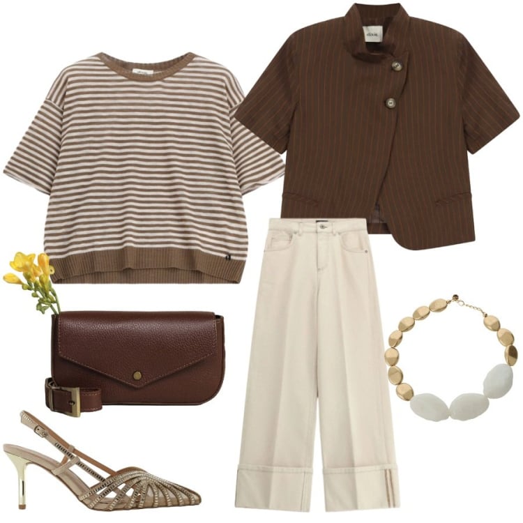 Outfit donna - Total look #2398539. Stile Casual chic per Ufficio. Abbinamento con pantaloni a palazzo, maglieria, borse a tracolla, décolleté, collane, blazer.