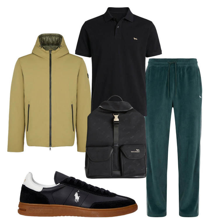 Outfit uomo - Total look #2398540. Stile Urban per Sport. Abbinamento con pantaloni, borse sportive, polo, sneakers, parka.