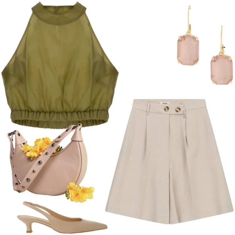 Outfit donna - Total look #2398542. Stile Casual chic per Ufficio. Abbinamento con borse a spalla, décolleté, top, bermuda, orecchini.