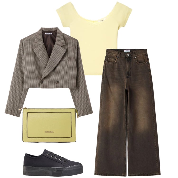 Outfit donna - Total look #2398543. Stile Casual per Scuola/Università. Abbinamento con sneakers, t-shirt, blazer, jeans, borse a tracolla.