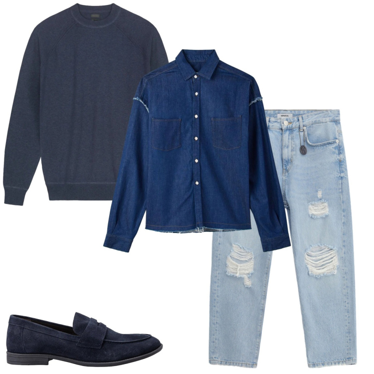 Outfit uomo - Total look #2398552. Stile Trendy per Tutti i giorni. Abbinamento con camicie, jeans strappati, maglieria, scarpe stringate.