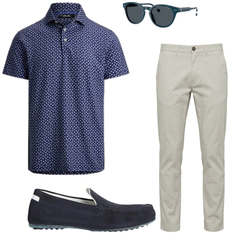 Outfit uomo - La polo camicia. Stile Trendy per Ufficio. Abbinamento con scarpe stringate, pantaloni, polo, occhiali da sole.