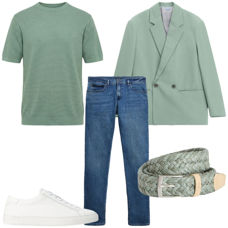 Outfit uomo - Sportivo con eleganza#verde salvia. Stile Trendy per Ufficio. Abbinamento con giacche, t-shirt, cinture, sneakers, jeans.
