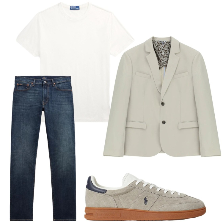Outfit uomo - Modern Chic e Smart Casual. Stile Trendy per Ufficio. Abbinamento con giacche, sneakers, jeans, t-shirt.