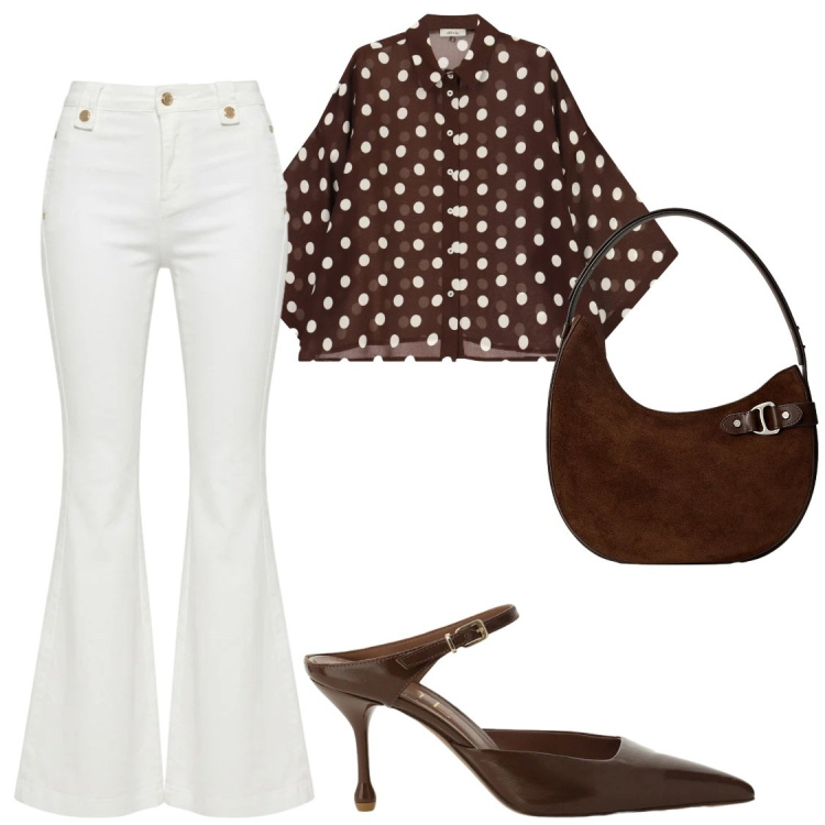 Outfit donna - Eleganza Retrò: Pois e zampa. Stile Glamour per Ufficio. Abbinamento con pantaloni chino, décolleté, camicie, borse a spalla.