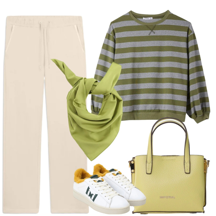 Outfit donna - Aperitivo finalmente. Stile Casual per Serata fuori. Abbinamento con t-shirt, foulard, borse a tracolla, sneakers, pantaloni.