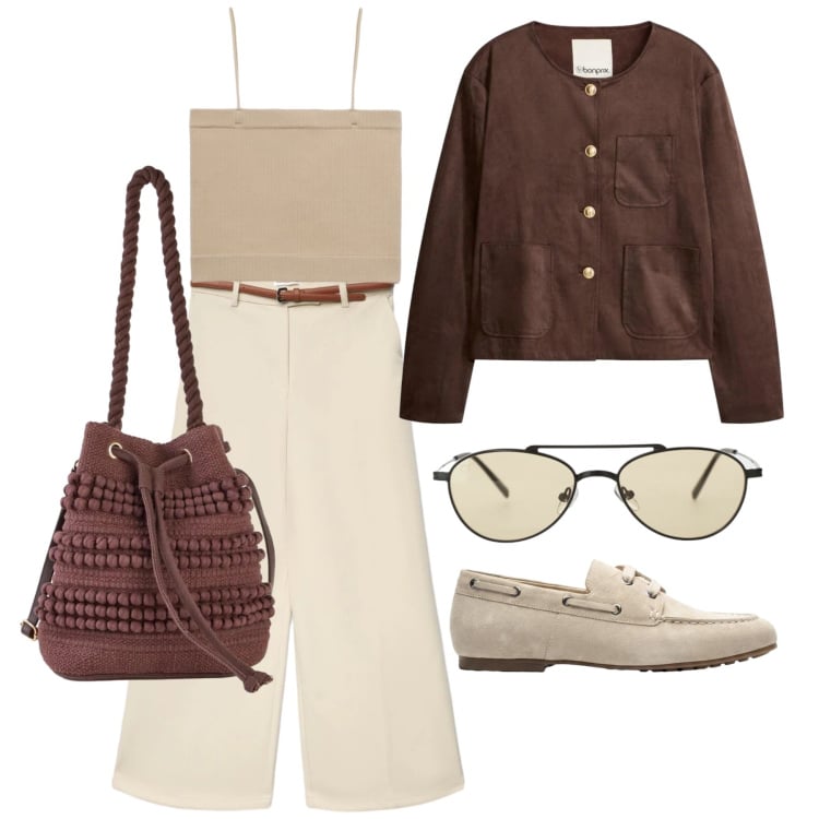 Outfit donna - Maggio. Stile Casual per Tutti i giorni. Abbinamento con blazer, borse a secchiello, mocassini, pantaloni, top, occhiali da sole.