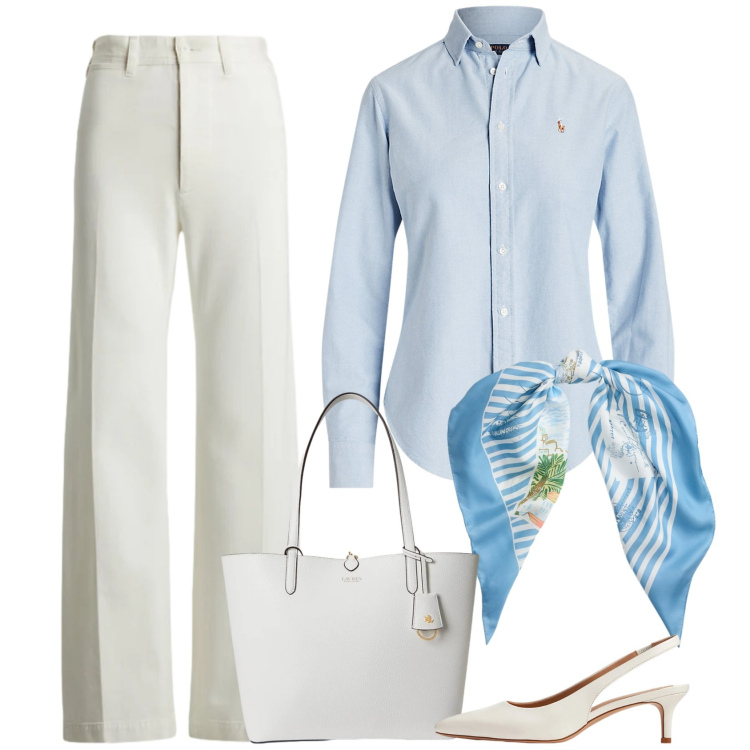 Outfit donna - Punto sul foulard. Stile Mannish per Ufficio. Abbinamento con camicie, décolleté, pantaloni, foulard, borse tote.