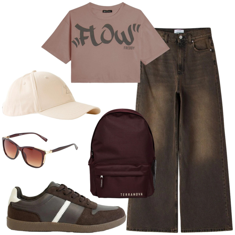 Outfit donna - “Urban Coffee Mood”. Stile Urban per Tutti i giorni. Abbinamento con cappelli con visiera, occhiali da sole, sneakers, zaini, jeans, t-shirt.