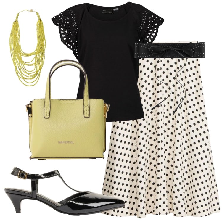 Outfit donna - Pois con un pizzico di energia. Stile Casual chic per Tutti i giorni. Abbinamento con gonne longuette, bluse, décolleté, cinture, borse a tracolla, collane.