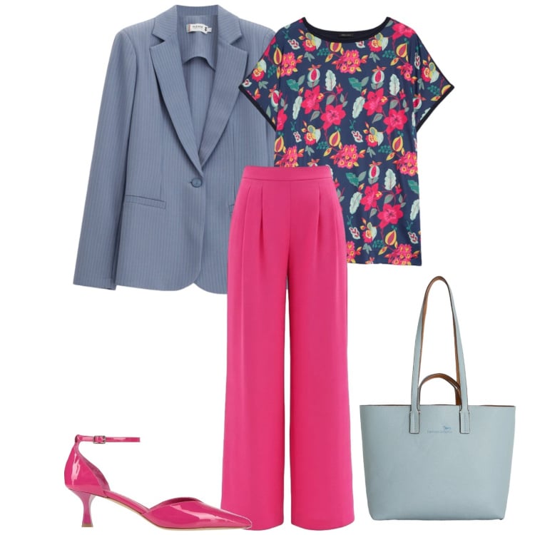 Outfit donna - Total look #2398608. Stile Chic per Serata fuori. Abbinamento con décolleté, shopping bag, blazer, pantaloni a palazzo, maglieria.