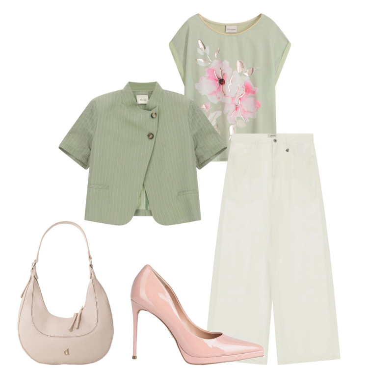 Outfit donna - Total look #2398610. Stile Chic per Cerimonia. Abbinamento con décolleté, t-shirt, borse a tracolla, blazer, pantaloni a palazzo.