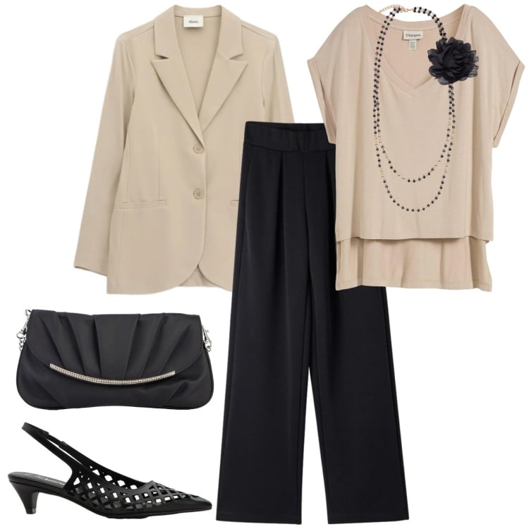Outfit donna - Total look #2398612. Stile Chic per Cerimonia. Abbinamento con bluse, décolleté, clutch, pantaloni, blazer, collane.