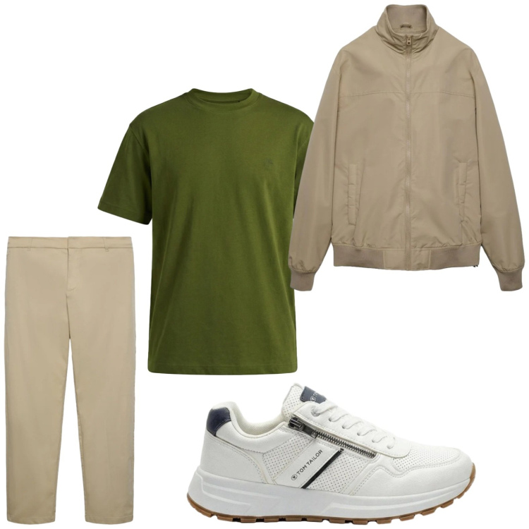 Outfit uomo - Trendy. Stile Casual per Tutti i giorni. Abbinamento con sneakers, bomber, pantaloni chino, t-shirt.