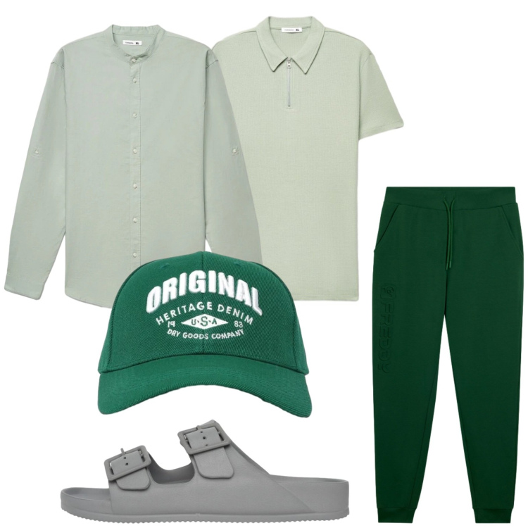 Outfit uomo - Tempo libero. Stile Trendy per Tutti i giorni. Abbinamento con cappelli con visiera, camicie, sandali, polo, pantaloni.