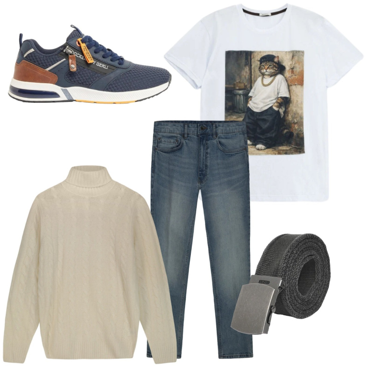Outfit uomo - T-shirt con stampa. Stile Trendy per Tutti i giorni. Abbinamento con sneakers, cinture, t-shirt, maglieria, jeans.