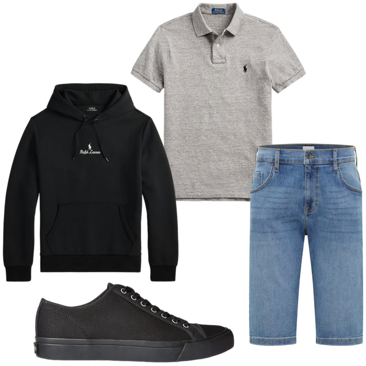 Outfit uomo - Primavera style. Stile Trendy per Tutti i giorni. Abbinamento con bermuda, sneakers, polo, felpe con cappuccio.