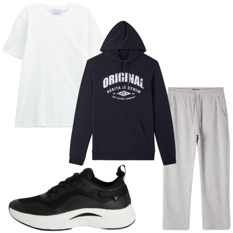 Outfit uomo - Basic. Stile Trendy per Tutti i giorni. Abbinamento con pantaloni, felpe con cappuccio, t-shirt, sneakers.