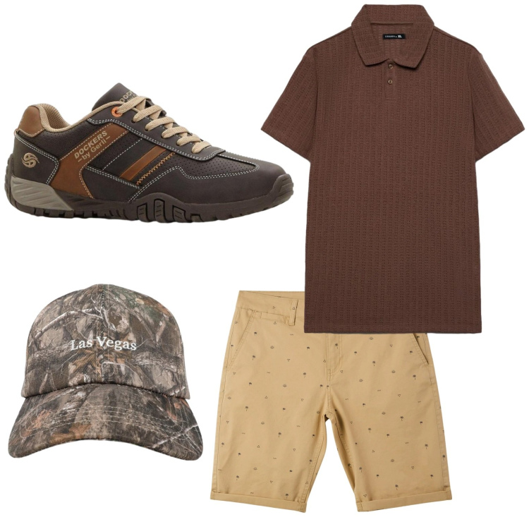 Outfit uomo - Bermuda a pois. Stile Trendy per Tutti i giorni. Abbinamento con sneakers, pantaloni corti, cappelli con visiera, polo.